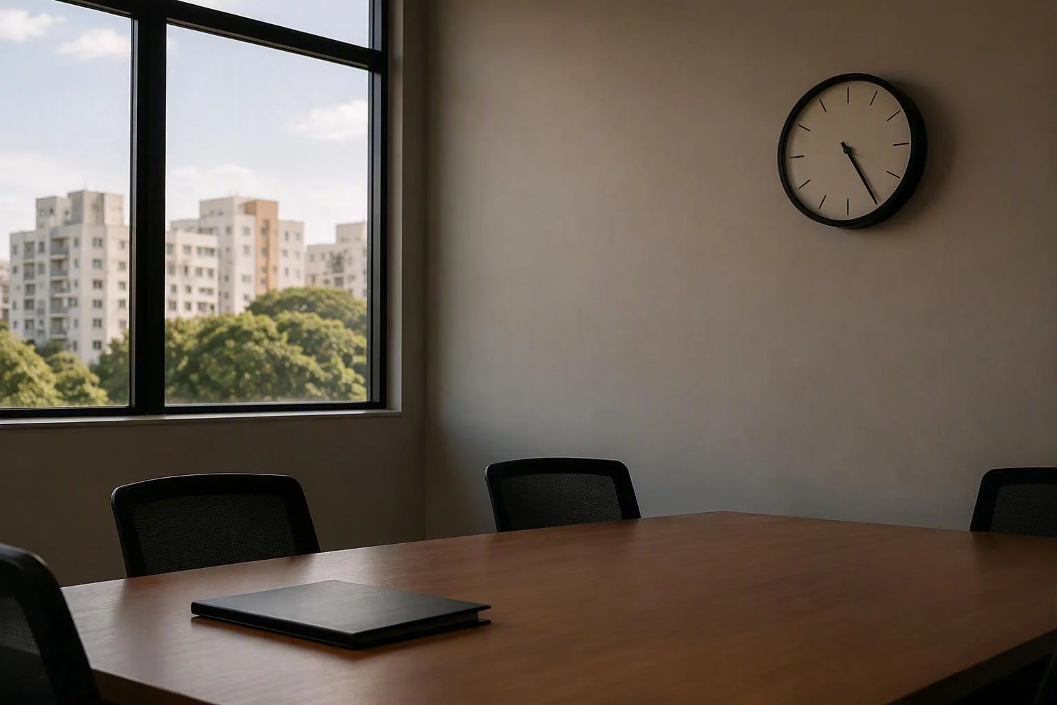 Relógio de parede na sala de reunião marcando o fim do expediente