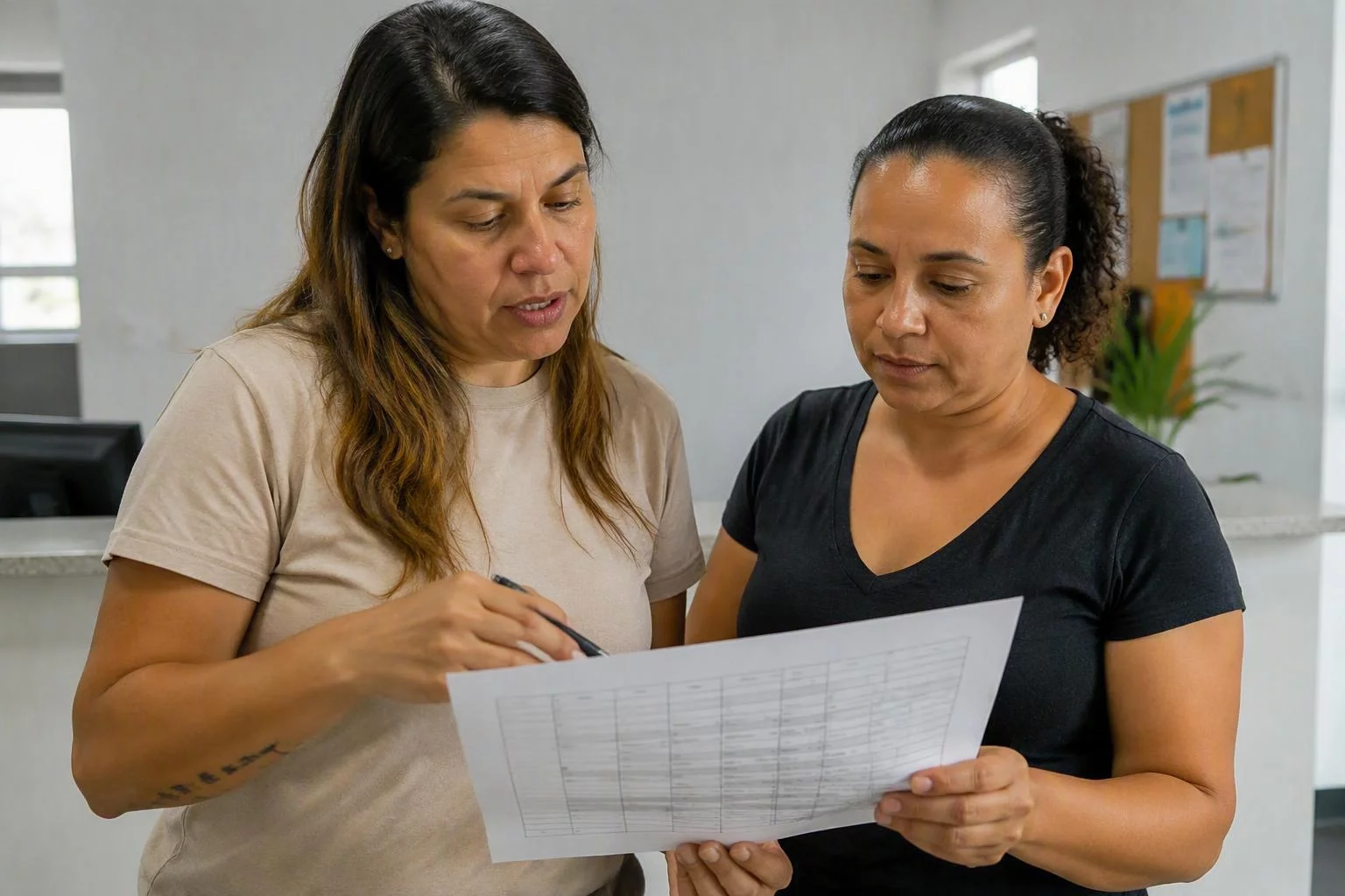 Consultora e funcionária do balcão conferindo juntas uma planilha impressa